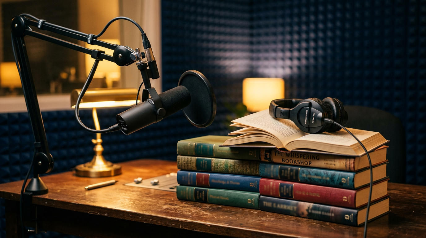 A broadcast microphone and headphones beside a stack of novels in a warmly lit radio studio